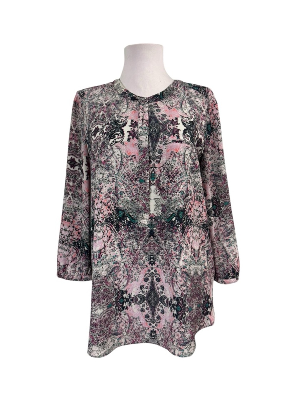 NYDJ Medium 1/2 Button Down Blouse Pullover Top Purple Pink 3/4 Sleeves Tunic